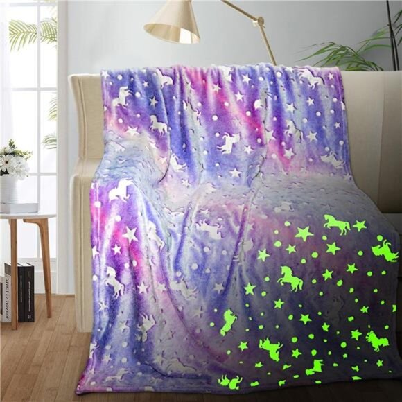 Unicorn Glow in The Dark Blanket, Unicorn Blanket for Girls/Kids, Unicorns - Picture 1 of 7